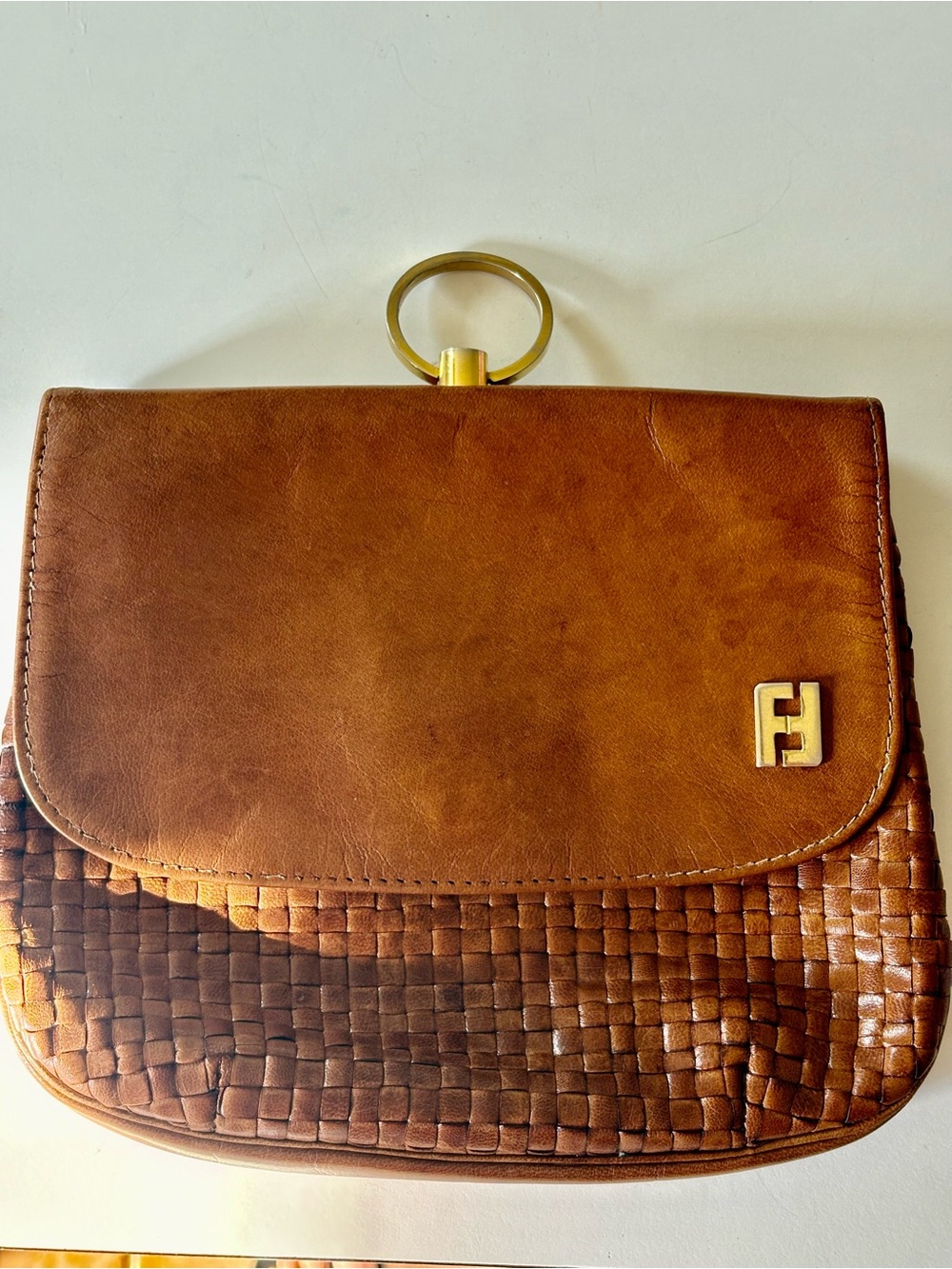 * Authentic & Rare * FENDI Brown Woven Leather Shoulder Bag with Gold O-Ring